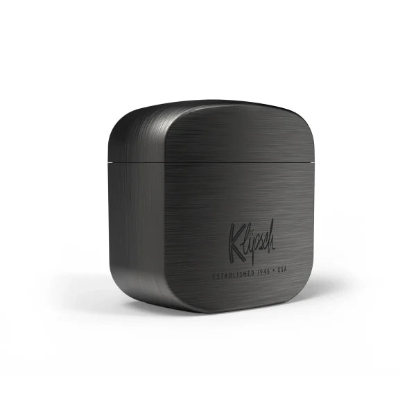 Klipsch T5 True Wireless Earphones with silver charging case and black earbuds – premium Bluetooth audio