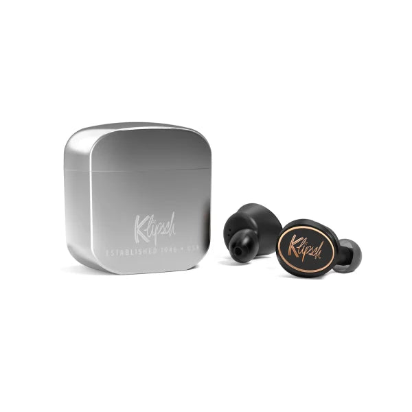 Klipsch T5 True Wireless Earphones with Charging Case – Bluetooth Earbuds (Silver Case, Black Buds)