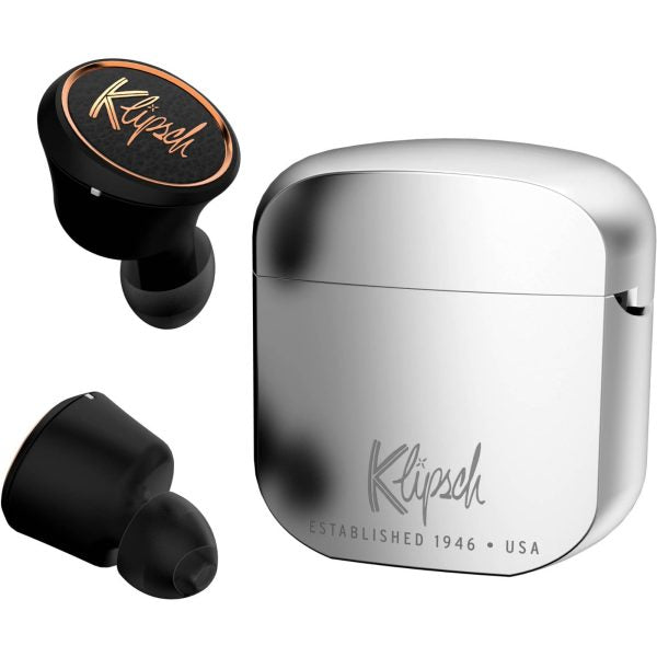 Klipsch T5 True Wireless Earphones with silver charging case and black earbuds – premium Bluetooth audio