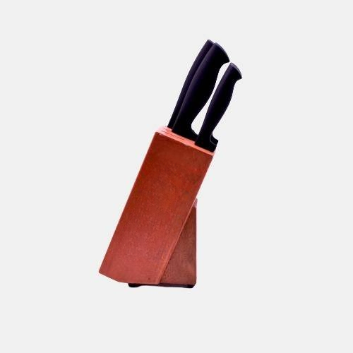 Wooden knife stand organizer for kitchen with vertical knife slots and compact design