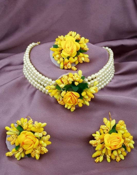 Artificial Flower Jewelry Set with Yellow Pearl Choker, Earrings & Ring – Mehndi, Mayon & Haldi Wear
