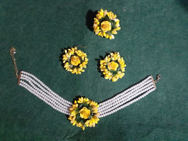 Artificial Flower Jewelry Set with Yellow Pearl Choker, Earrings & Ring – Mehndi, Mayon & Haldi Wear