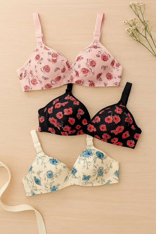 Printed Soft Cotton Padded Bra For Women - Stylish Everyday Comfortable Undergarment With Breathable Fabric (Random Color)