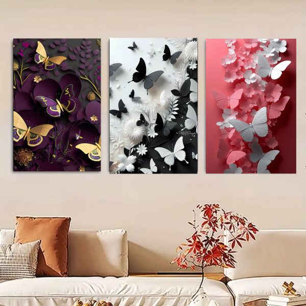 Set of 3 Butterfly Art Wooden Frames for home and wall decoration