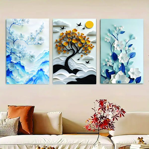Set of 3 Flower Tree Art Wooden Frames – Elegant Sticky Photo Tiles for Wall Decoration