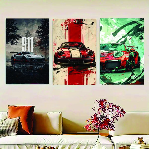 Luxury cars wall art photo canvas frames – set of 3 wooden 8x11 sticky tile décor