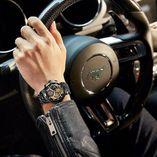 Binbond Fashion Moon Phase Quartz Wristwatch for Men – Stainless Steel (Black)