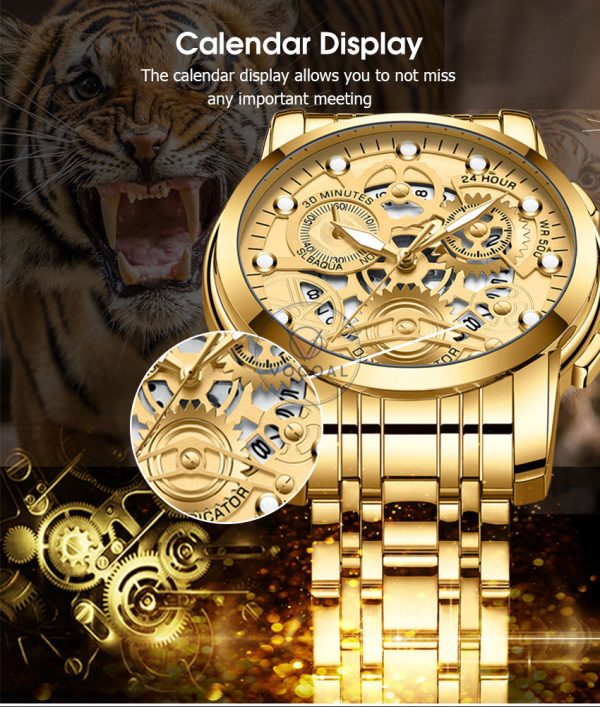 Binbond Fashion Quartz Watch for Men – Stainless Steel with Luminous Hands (Golden)