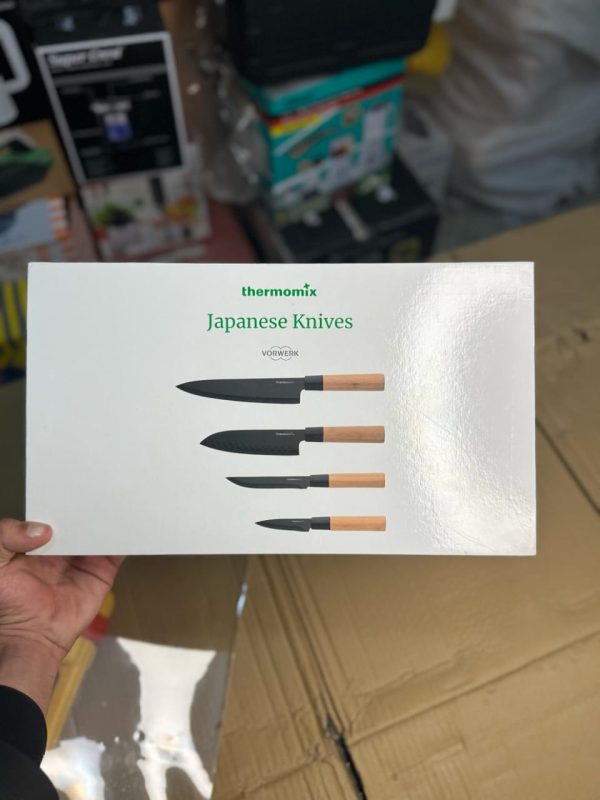 Thermomixer 4-Piece Japanese Knife Set with Self-Sharpening Stainless Steel Blades and Wooden Handles in Gift Box