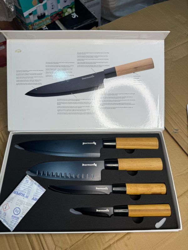 Thermomixer 4-Piece Japanese Knife Set with Self-Sharpening Stainless Steel Blades and Wooden Handles in Gift Box