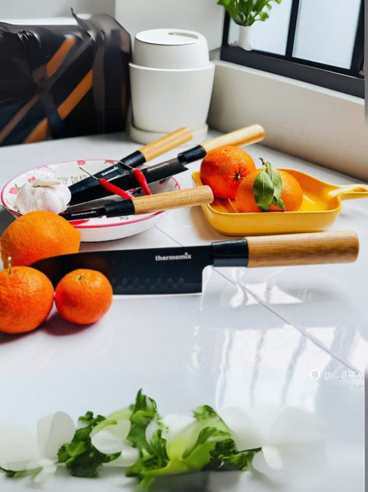 Thermomixer 4-Piece Japanese Knife Set with Self-Sharpening Stainless Steel Blades and Wooden Handles in Gift Box