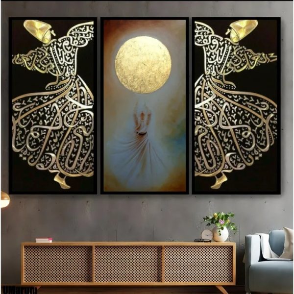 Customizable 3-Piece Sufi Dervish Canvas Wall Frames β 8x11 Inch Stickable MDF Art for Room Decoration