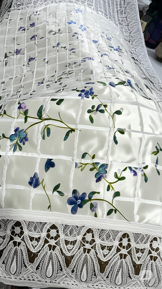 White Floral Dastarkhwan with Lace Border – Traditional Dining Cloth 30x49 Inch
