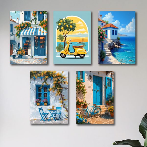 Set of 5 Italian Vintage Homes Art-Themed Wooden Wall Frames