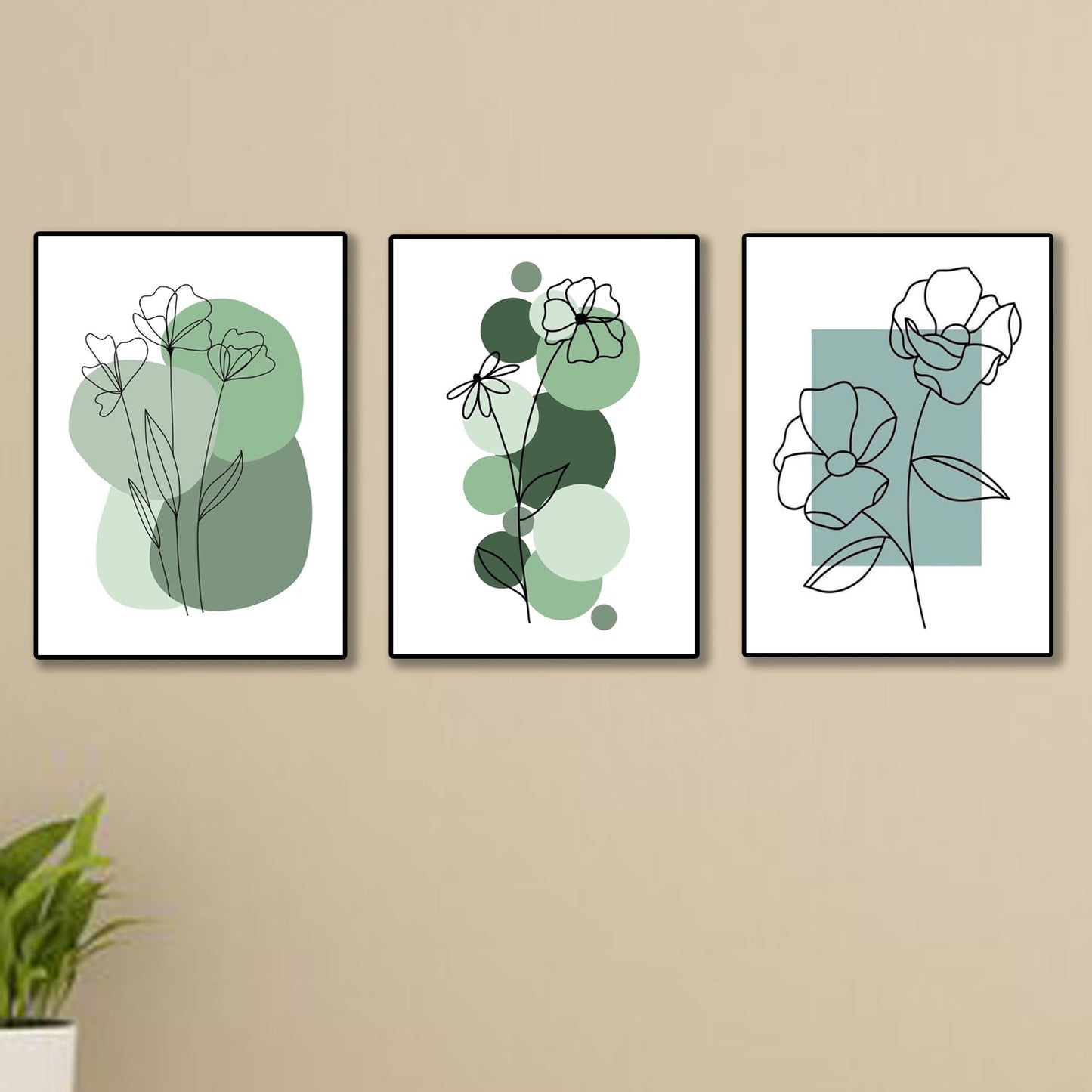 Set of 3 Abstract Plant Art Wooden Modern Wall Decor