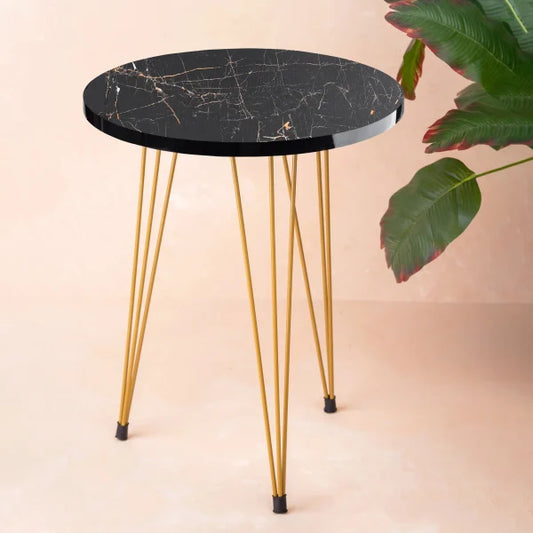 Black Marble Look Round Coffee Table with Gold Metal Legs – Modern Wooden Table for Living Room or Office
