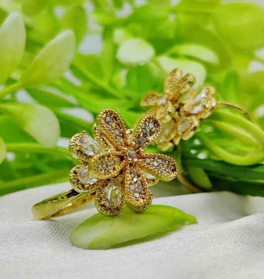 Golden blooming flower adjustable ring with sparkling stones – luxury women’s jewelry