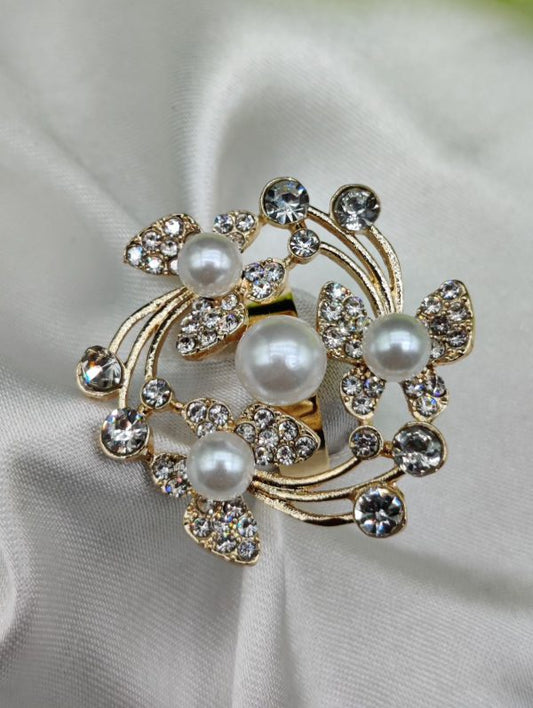 Imported adjustable floral pearl ring with crystal accents for elegant wear