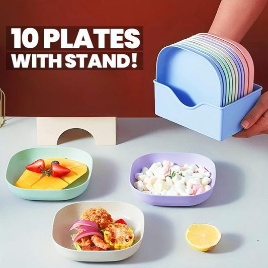 10pcs Elliptical Colorful Plate Set – Microwave Safe Plastic Dinner Plates with Stand for Snacks, Breakfast & More
