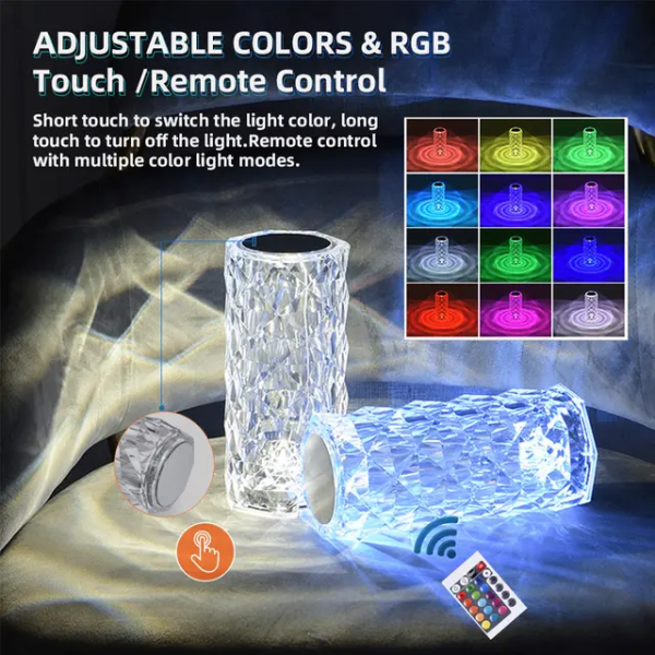 Diamond Rose Crystal Touch Lamp with Remote – 16 Color Bedside Light
USB Rechargeable Acrylic Crystal Table Lamp – Romantic Rose Shadow
16 Colors Diamond Crystal LED Lamp – Touch & Remote Control Bedside Lamp
