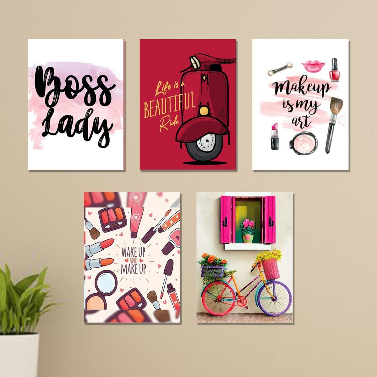 Set of 5 Girls Room Wall Art – Makeup Themed Sticky Canvas Frames 8x11 Inches