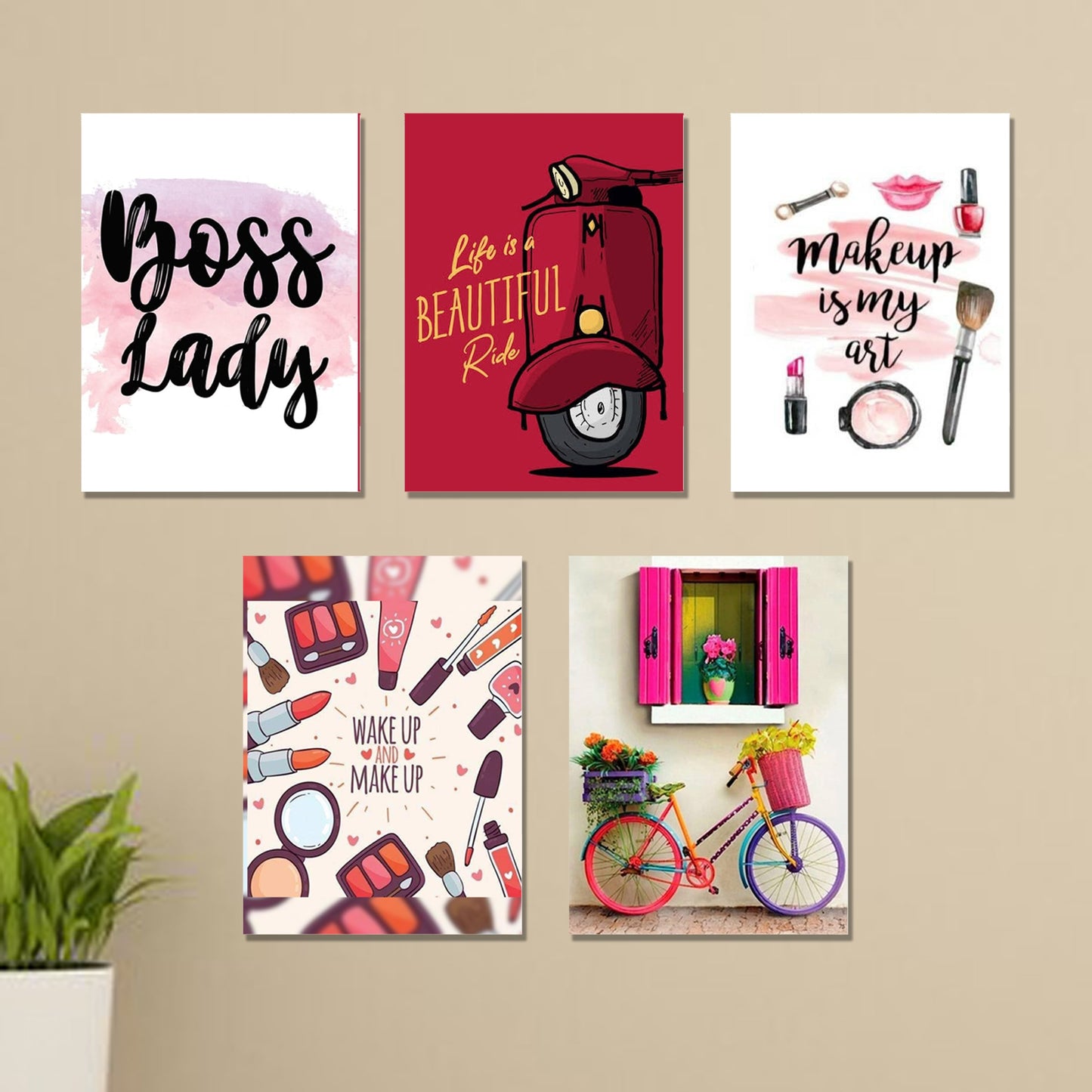 Set of 5 Girls Room Wall Art – Makeup Themed Sticky Canvas Frames 8x11 Inches