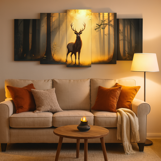 5-Piece Wooden Wall Frame Deer in Forest Sunset Design 16x40 Inch Sticky Tiles Wall Art for Living Room Bedroom Office
