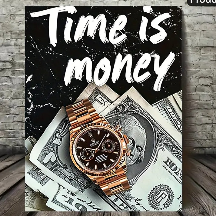 Time is Money Wall Art Frame 8x11 Inch Wooden Sticky Tile Watch and Dollar Design Self-Adhesive Motivational Wall Decor
