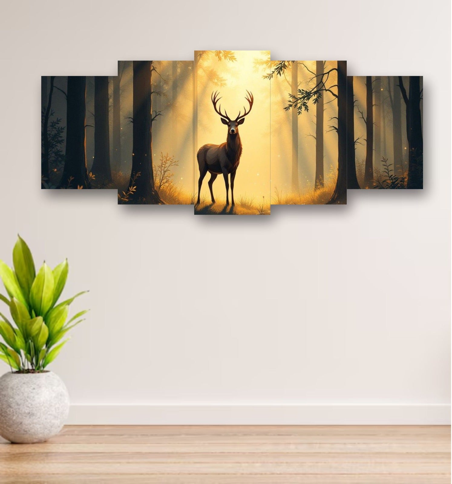5-Piece Wooden Wall Frame Deer in Forest Sunset Design 16x40 Inch Sticky Tiles Wall Art for Living Room Bedroom Office
