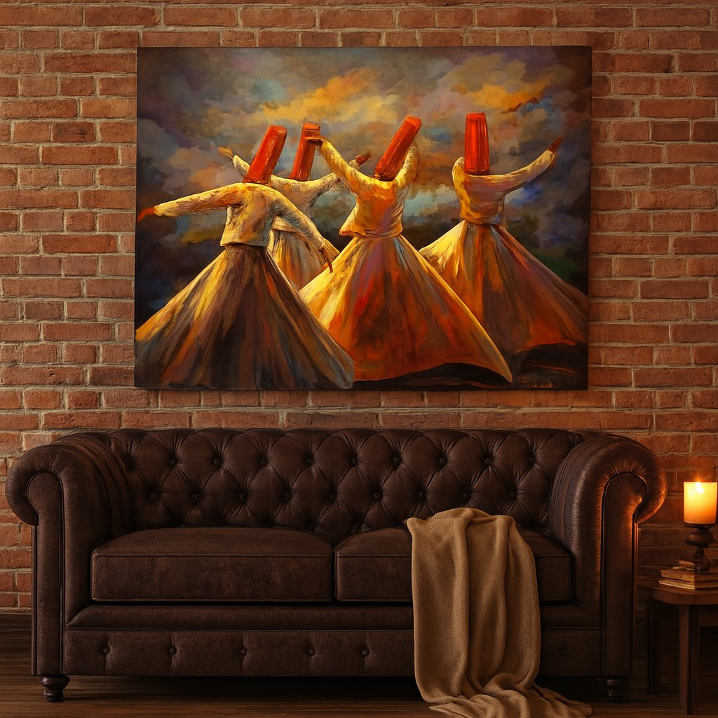 Whirling Dervish Wall Art Painting – Sufi Dance Canvas for spiritual home décor with three Sufi dancers