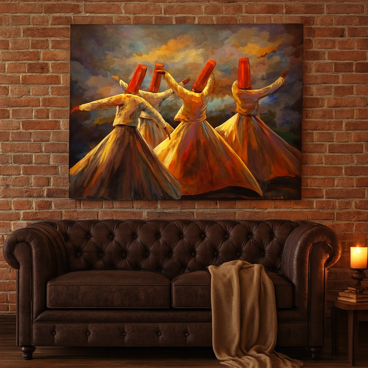 Whirling Dervish Wall Art Painting – Sufi Dance Canvas for spiritual home décor with three Sufi dancers