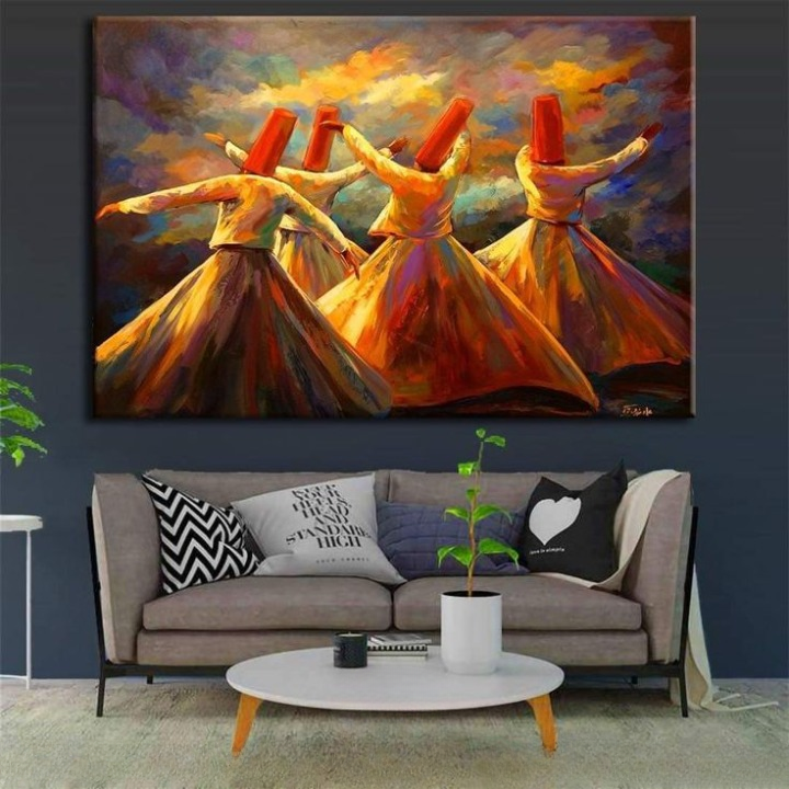 Whirling Dervish Wall Art Painting – Sufi Dance Canvas for spiritual home décor with three Sufi dancers