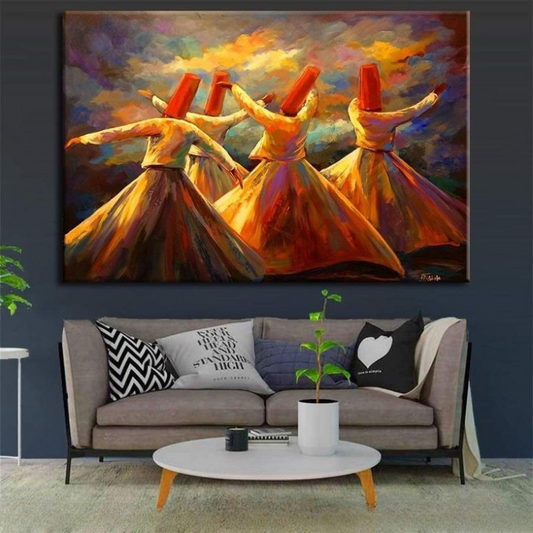 Whirling Dervish Wall Art Painting – Sufi Dance Canvas for spiritual home décor with three Sufi dancers