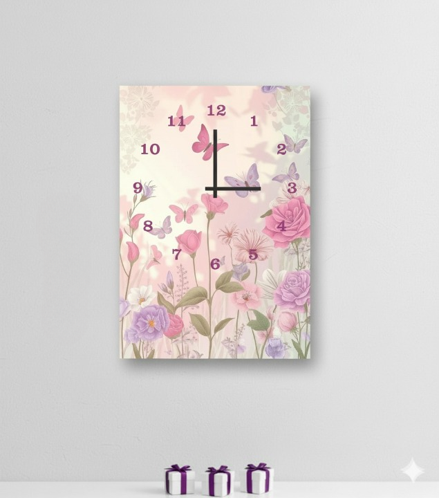 Floral Garden-Inspired Wooden Wall Clock 12x16 Inches – Digital Printed Hanging Decor with Roses and Butterflies
