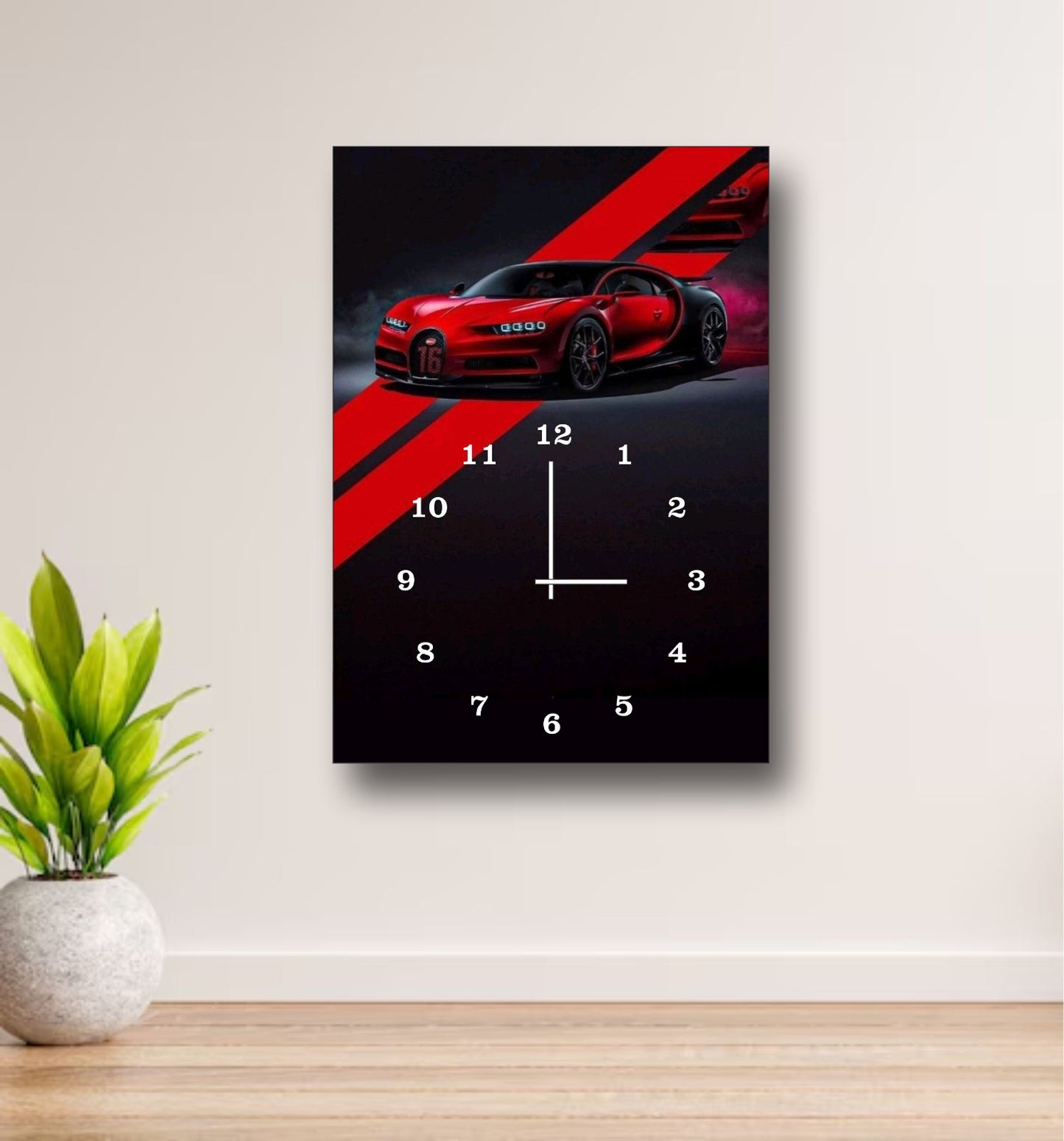 Luxury Sports Car Wall Clock featuring Bugatti Chiron Design on 12x16 Inch Wooden Frame with Red and Black Digital Print
