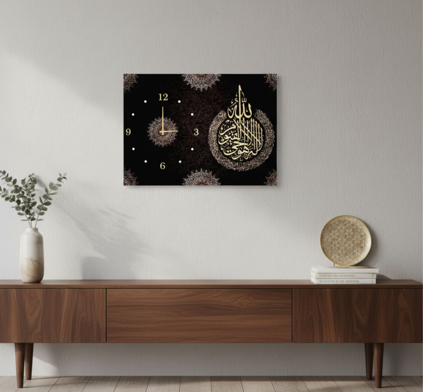 Handcrafted Wooden Wall Clock with Digital Printed Islamic Art and Geometric Calligraphy Design – 12x16 Inches
