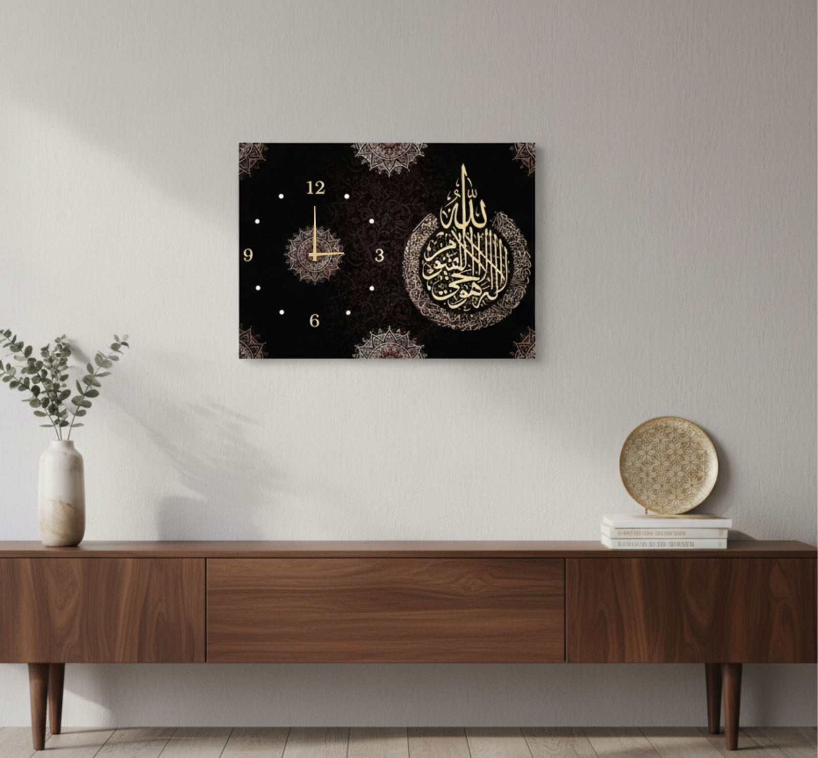 Handcrafted Wooden Wall Clock with Digital Printed Islamic Art and Geometric Calligraphy Design – 12x16 Inches
