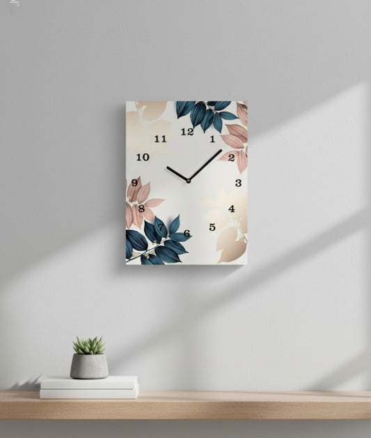 Floral printed wooden wall clock 12x16 inch with blue and pink leaves design for home and office decor in Pakistan
