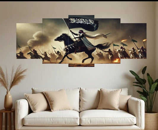 Islamic Warrior Canvas Wall Art Set of 5 Panels – 16x40 Inches Wooden Sticky Tile Frames with Double Tape
