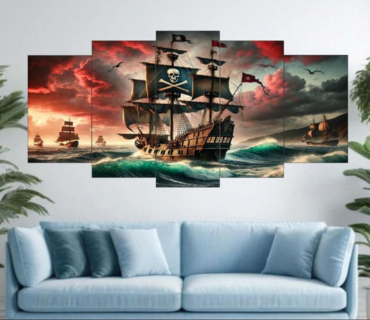 Pirate Ship Ocean Voyage Wall Art Set of 5 Panels – 16x40 Inches Wooden Sticky Tile Frames with Double Tape

