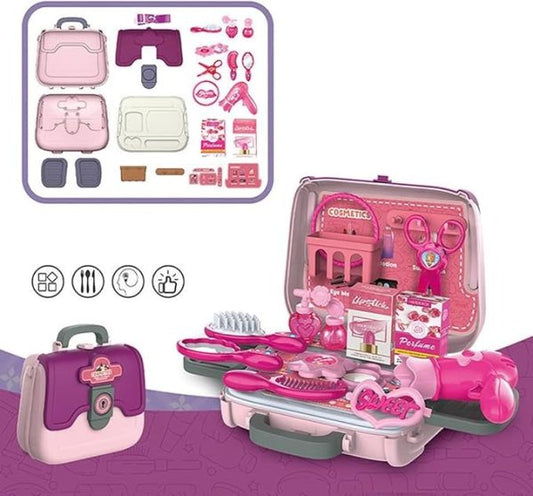 "24-piece girls beauty salon makeup toy set with comb, mirror, toy hairdryer and portable pink case for pretend play"