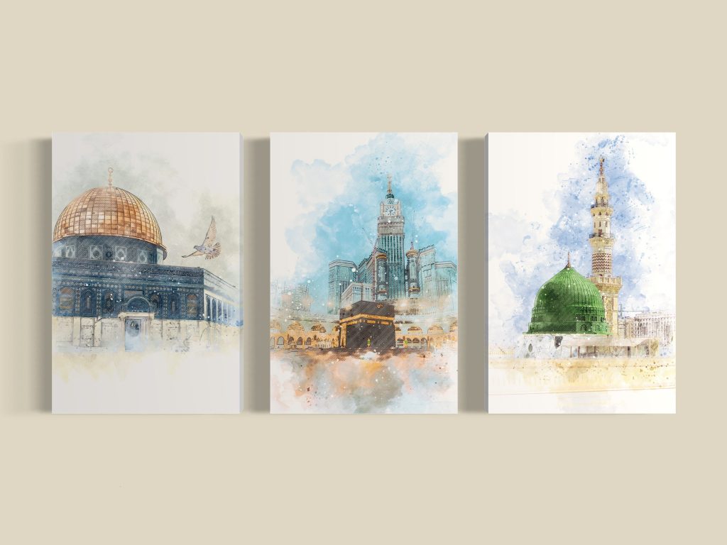 Kaabah, Roza e Rasool SAW and Al Aqsa Mosque 3 Pieces Modern Holy Places Islamic Decorative Wall Art Frames for Home and Wall Decor