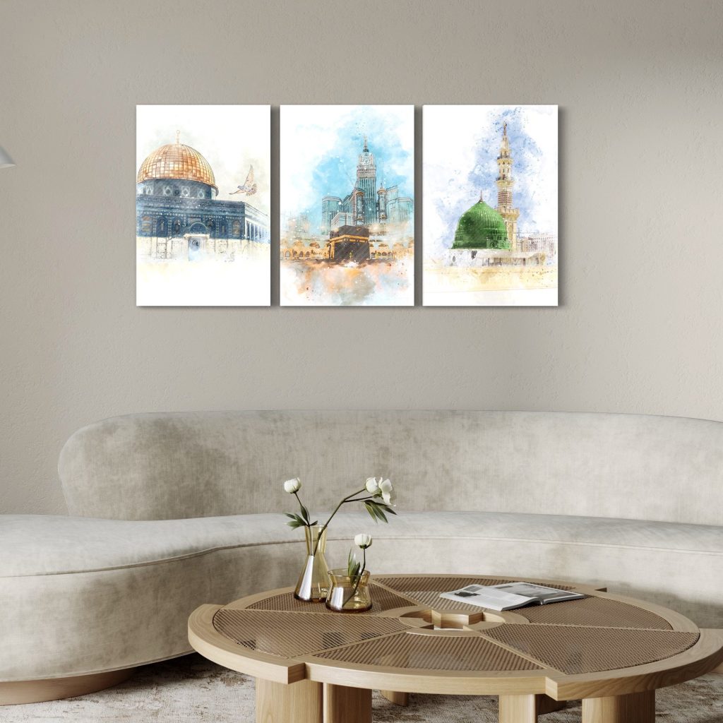 Kaabah, Roza e Rasool SAW and Al Aqsa Mosque 3 Pieces Modern Holy Places Islamic Decorative Wall Art Frames for Home and Wall Decor