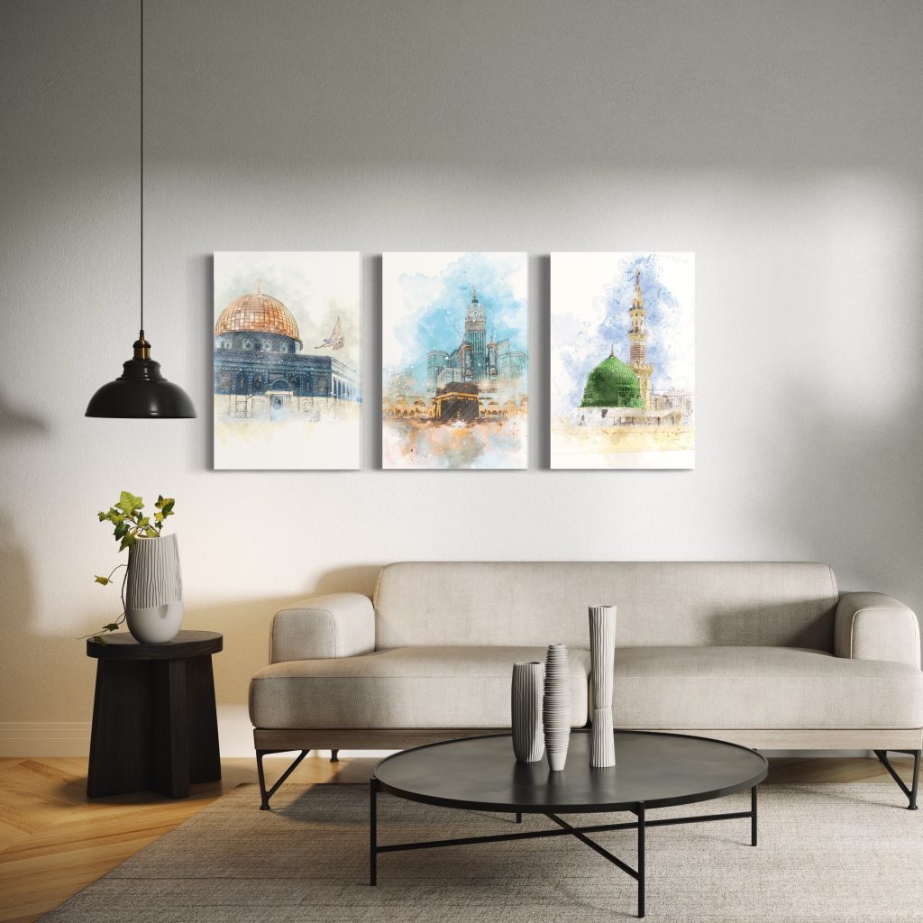 Kaabah, Roza e Rasool SAW and Al Aqsa Mosque 3 Pieces Modern Holy Places Islamic Decorative Wall Art Frames for Home and Wall Decor