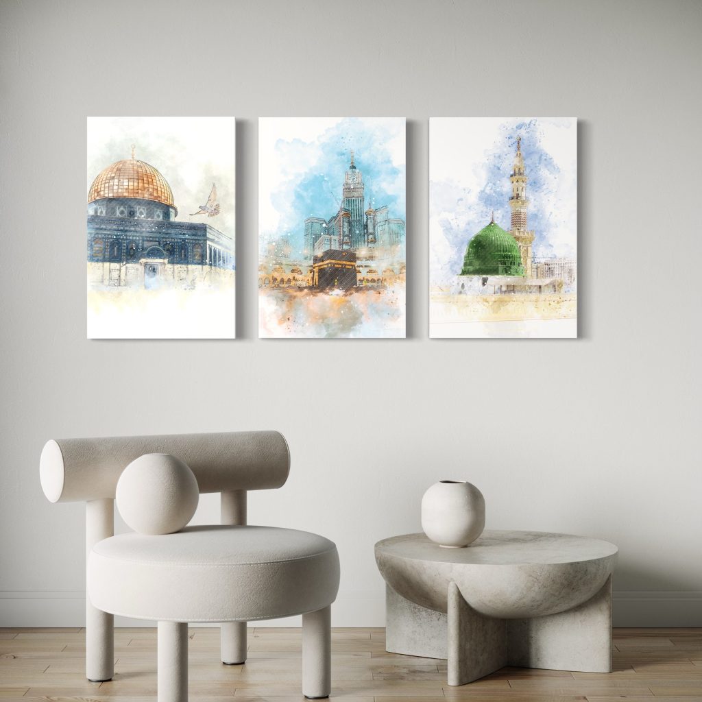 Kaabah, Roza e Rasool SAW and Al Aqsa Mosque 3 Pieces Modern Holy Places Islamic Decorative Wall Art Frames for Home and Wall Decor