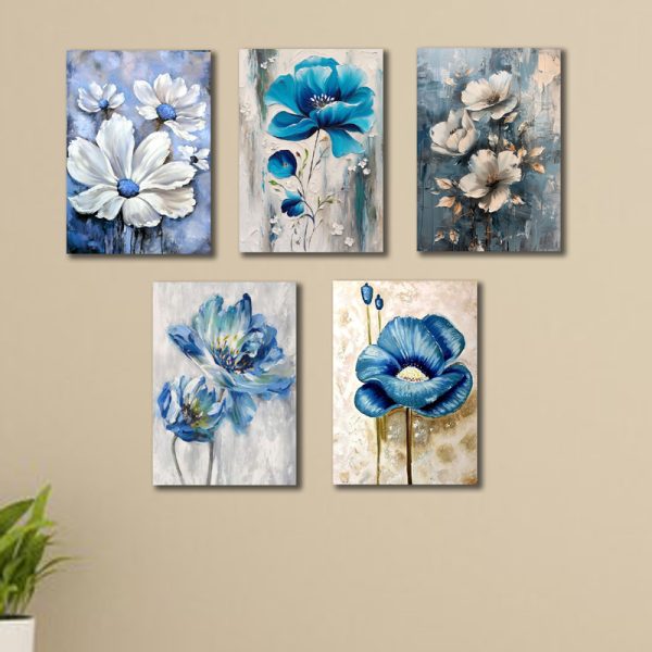 Set Of 5 Blue Flowers Wall Art Wooden Frames for Home Decor