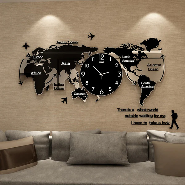 3D Digital World Map Wooden Wall Clock 24x24 Inches for Home and Office Decoration