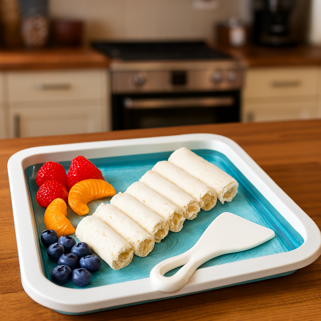Rolled Ice Cream Maker Pan – DIY Frozen Yogurt & Dessert Plate with Scraper, 9.5 x 7.5 Inch Non-Stick Cooling Plate