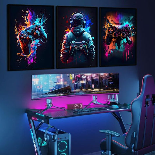 3pcs Neon Gaming Wall Art – Retro Video Game Posters with Gamepad Designs for Gamer Room Decor