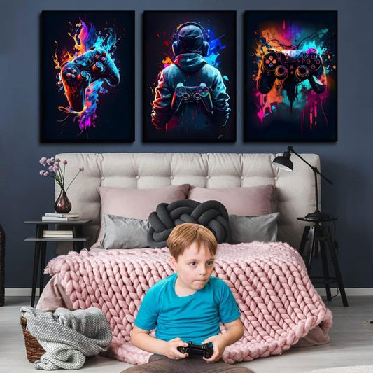 3pcs Neon Gaming Wall Art – Retro Video Game Posters with Gamepad Designs for Gamer Room Decor